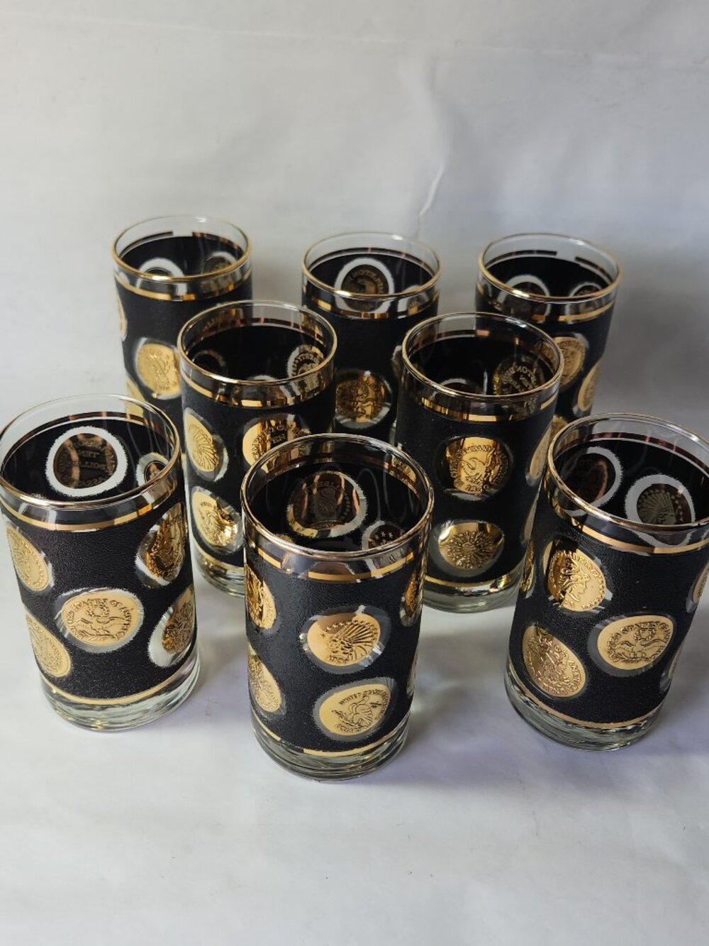Vtg MCM Libbey Black & Gold Coin Glasses 5" Tumblers Set of 8 Mid Century Modern